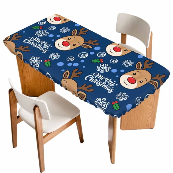Christmas Navy Table Cloths for 6 Foot Rectangle Tables, Xmas Cute Elk Winter Leaves Cartoon Snowflake Patio Waterproof Elastic Fitted Tablecloths, Washable Rectangular Table Cover for Camping