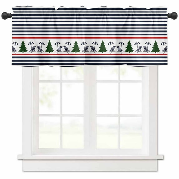 Christmas Navy Valances for Windows, Blue Stripes Xmas Tree Graffiti Art Light Filtering Window Treatment Valances, Rod Pocket Small Curtains for Kitchen/Bathroom, 60"x14"