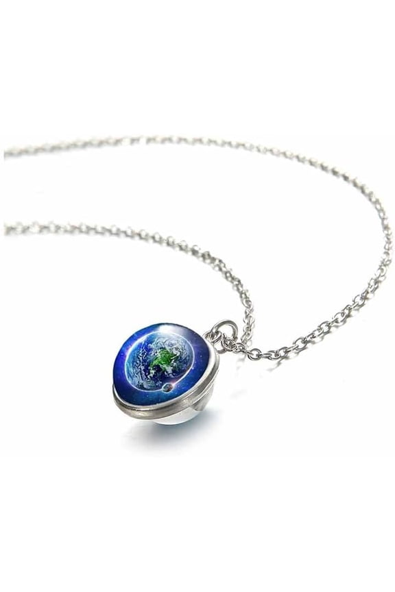 Christmas Necklace Double-sided Earth Glass Time Gemstone Ball Pendant Necklace Eight Planets Necklace Universe Galaxy Solar System Moon Guardian Stars Necklace for Women(Silver Earth)