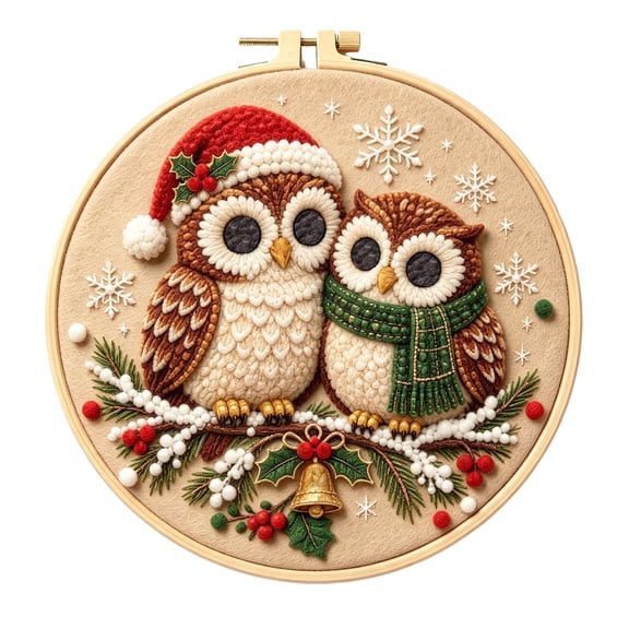 Christmas Needle Felting Kit, Owls Design for Adults, 7.87 in 3D Wool Hoop Art Wall or Tabletop Display