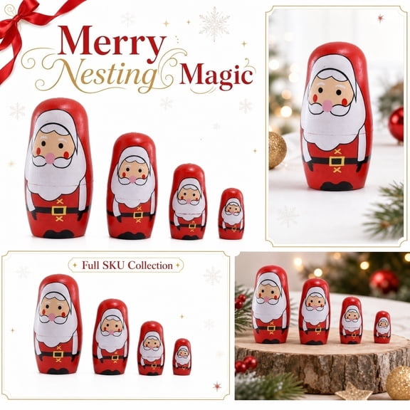 Christmas Nesting Dolls Wooden Matryoshka Set, 5pcs Hand Painted Russian Dolls with Snowflake Tree Patterns, Festive Holiday Tabletop Decor for Home Office Kids Gift