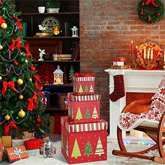 Christmas Nesting Gift Boxes Set of 3 - Stackable Decorative Holiday Boxes with Lids & Ribbons for Xmas Presents, Party Favors, Treats & Festive Decor - for Malls, Supermarkets & Home Display