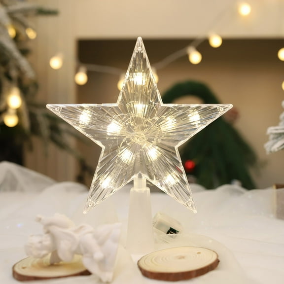 Christmas New With Lights Tree Top Star Christmas Transparent Luminous Five Pointed Star Christmas Tree Decoration Supplies Party Light-Up Decoration Easy To Use