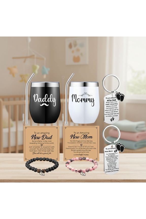 Christmas New Mom Gifts for Pregnancy Women New Parents Include Mommy and Daddy Tumbler Set Keychain Bead Bracelet Parent Gender Reveal Gift for First Time Moms Dad to Be Couples Baby Shower