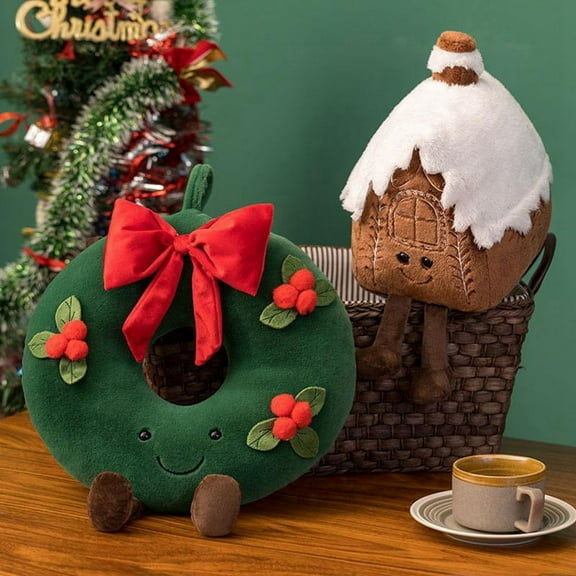 Christmas New Plush Pillow Stuffed Chocolate Cookie House Shape Decor Cushion Cute Funny XMas Tree Party Decor Doll A
