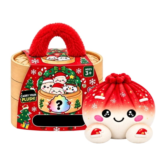 Christmas New Plush Stuffed Dumpling Squishies Fidget Toy, 2026 New Cute Soft Squeeze Dumpling Plushies, Holiday Collectible Stress Relief Gift with Simulated Bamboo Steamer & Fuzzy Handle