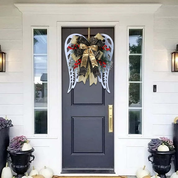 Christmas & New Year Decorative Bow Wreath Door Hanging with Red Berries, Gold Accents and Elegant Holiday Decoration for Front Porch or Living Room