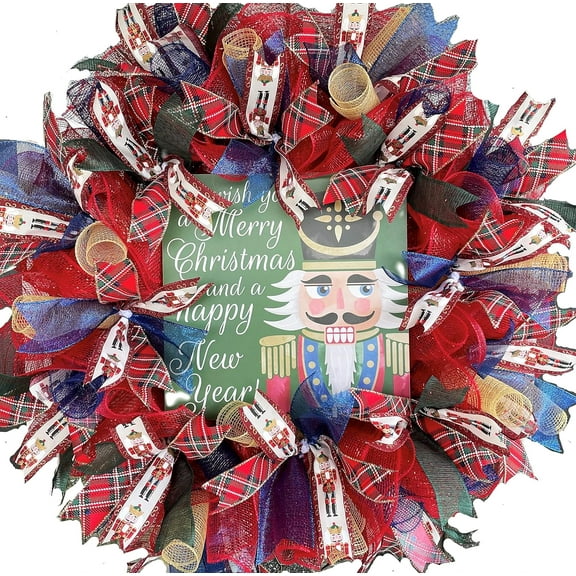 Christmas & New Year Nutcracker Soldier Tartan Plaid Deco Mesh Front Door Wreath, Porch Patio Entryway Decor, Holiday Decorations, Winter Party Gathering Family