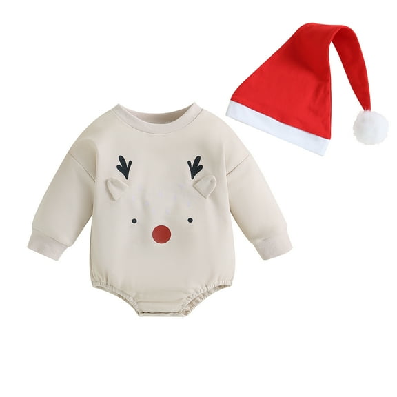 Christmas Newborn Baby Girl Boy Clothes 3M 6M 12M 18M Autumn Winter Bodysuit with Hat Baby Stuff Elk Print Long Sleeve Jumpsuit for Kid
