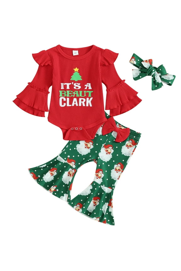 Christmas Newborn Baby Girl Outfits Ribbed Ruffle Romper Santa Flared Pants Headband Set 3Pcs Fall Winter Clothes