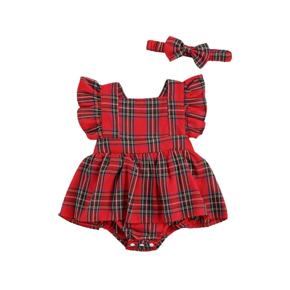 Christmas Newborn Baby Girl Plaid Romper Outfit Backless Ruffle Tutu Jumpsuit Top+Headband 2Pcs Set