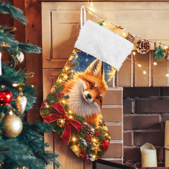 Christmas Night Foxes Christmas Stockings Large Capacity 17.71" Gift Bag with Hook Xmas Holiday Decor 1 Pack