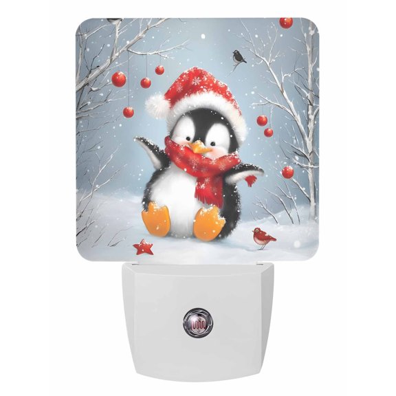 Christmas Night Lights Auto Sensor Cute Penguin Plug-in LED Nightlights Dusk to Dawn for Living Room, Bedroom, Bathroom, Hallway, Stairways Xmas Wall Decor, Red Xmas Ball Bird Snow Tree Night Light