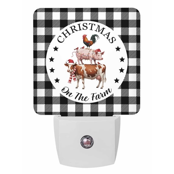 Christmas Night Lights Auto Sensor Farm Animal Plug-in LED Nightlights Dusk to Dawn for Living Room, Bedroom, Bathroom, Hallway, Stairways Xmas Wall Decor, Cow Pig Chicken Black Plaid Night Light