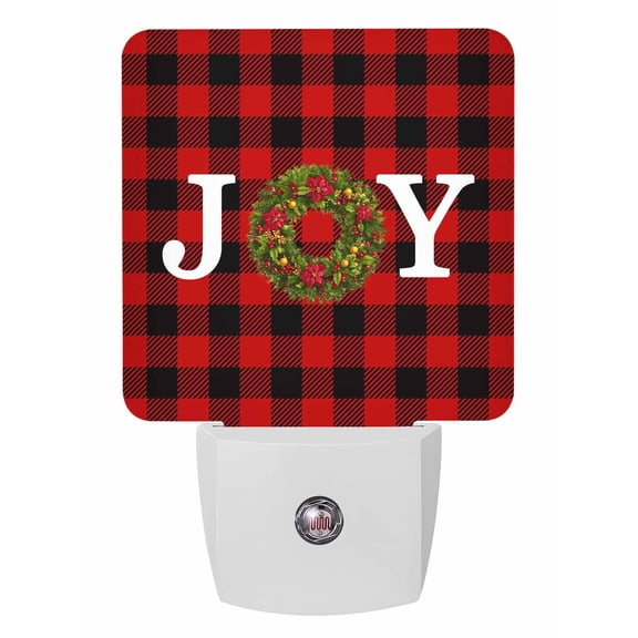 Christmas Night Lights Auto Sensor Joy Poinsettia Wreath Holly Berry Plug-in LED Nightlights Dusk to Dawn for Living Room, Bedroom, Bathroom, Hallway, Wall Decor, Red Buffalo Plaid Night Light