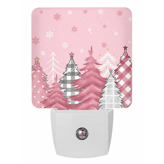 Christmas Night Lights Auto Sensor Pink Xmas Tree Forest Plug-in LED Nightlights Dusk to Dawn for Living Room, Bedroom, Bathroom, Hallway, Stairways Xmas Wall Decor, Winter Snowflake Night Light