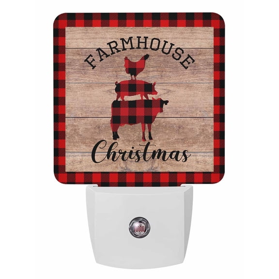Christmas Night Lights Auto Sensor Red Buffalo Plaid Wood Grain Plug-in LED Nightlights Dusk to Dawn for Living Room, Bedroom, Bathroom, Hallway, Wall Decor, Farm Pig Cow Rooster Night Light