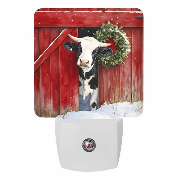 Christmas Night Lights Auto Sensor Red Farmhouse Barn Cow Plug-in LED Nightlights Dusk to Dawn for Living Room, Bedroom, Bathroom, Hallway, Stairways Xmas Wall Decor, Plant Leaf Wreath Night Light