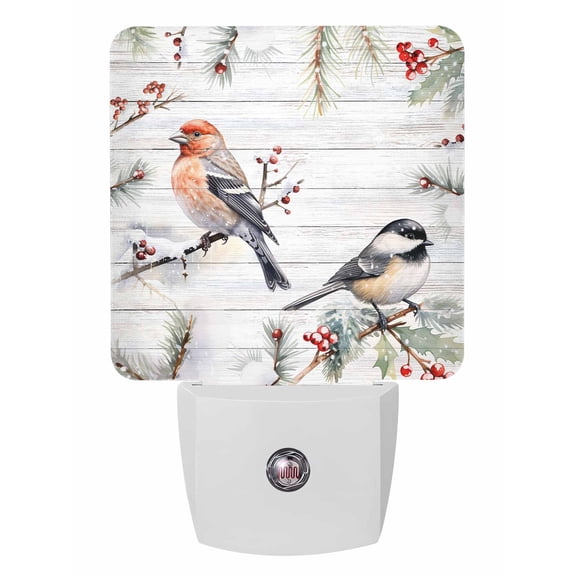 Christmas Night Lights Auto Sensor Red Robin Bird Plug-in LED Nightlights Dusk to Dawn for Living Room, Bedroom, Bathroom, Hallway, Wall Decor, Berry Pine Needles Snow Wood Grain Night Light