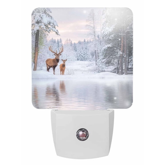 Christmas Night Lights Auto Sensor Reindeer Xmas Tree Plug-in LED Nightlights Dusk to Dawn for Living Room, Bedroom, Bathroom, Hallway, Stairways Wall Decor, Elk Snowy Forest Winter Lake Night Light