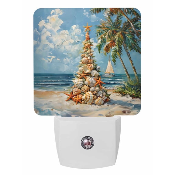 Christmas Night Lights Auto Sensor Seashell Starfish Beach Xmas Tree Plug-in LED Nightlights Dusk to Dawn for Living Room, Bedroom, Bathroom, Hallway, Wall Decor, Palm Tree Boat Night Light