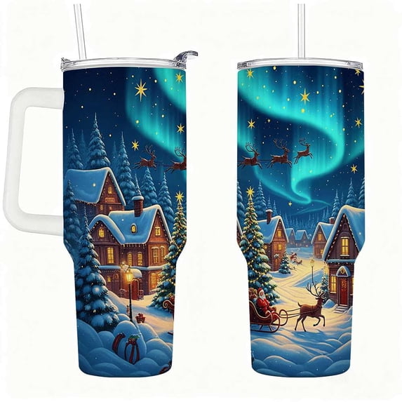 Christmas Night Village Tumbler with Lid and Straw, Santa Sleigh & Northern Lights Winter Scene Travel Cup