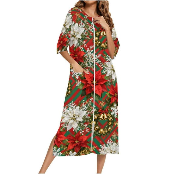 Christmas Nightgowns for Women Xmas Holiday Outfits 3/4 Sleeve Split Sleepshirt Full Zipper Night Gowns Sleepwear Wine, S