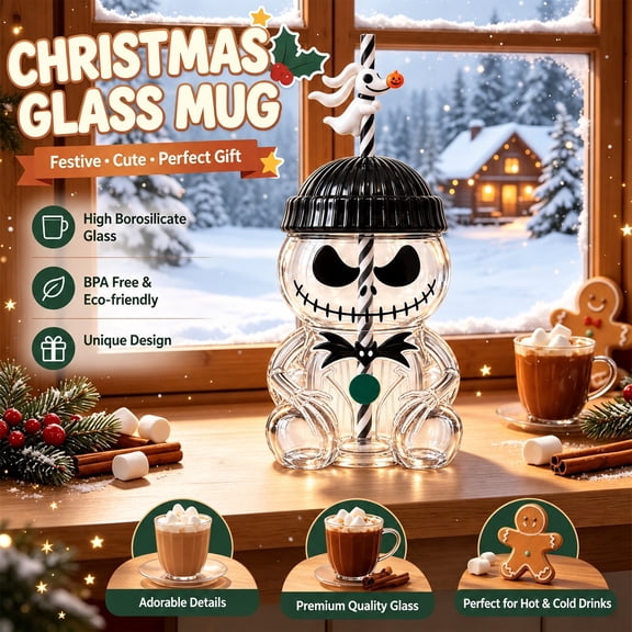 Christmas Nightmare Jack Tumbler Cup with Straw, Reusable Glass Cold Cup with Monster Straw Topper, 20oz Novelty Drinking Cup for Iced Coffee & Cold Drinks Halloween and Christmas Gifts