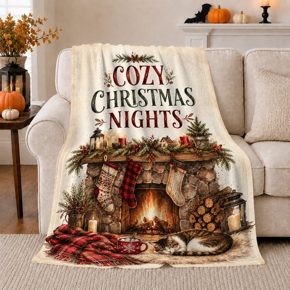 Christmas Nights Fireplace Sleeping Cat Scene Rustic Holiday, Festive Pet Portrait Pattern, Warm Flannel Blanket for Living Room and Bedroom, Cat Lovers Christmas Gift, Pet Lover Home Decor