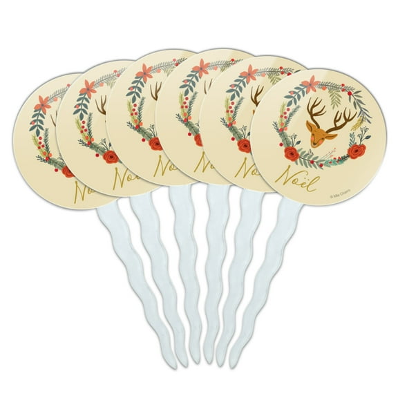 Christmas Noel Deer in Wreath Cupcake Picks Toppers Decoration Set of 6