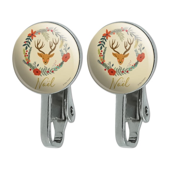 Christmas Noel Deer in Wreath Novelty Clip-On Stud Earrings
