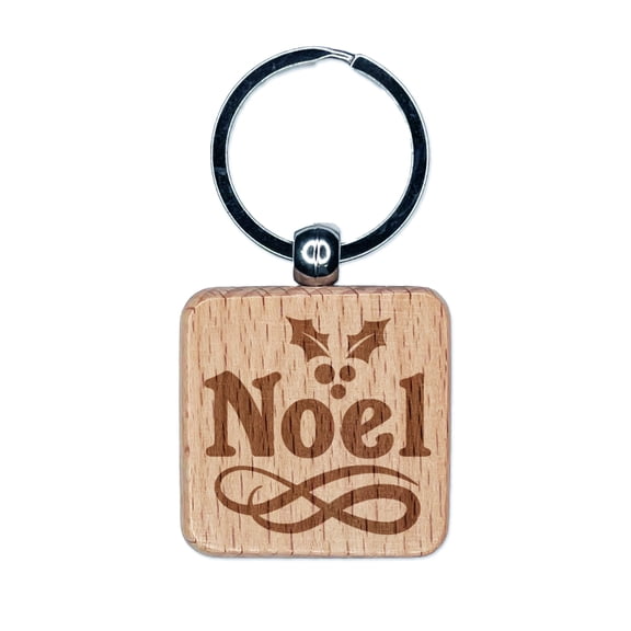 Christmas Noel Holly Square Keychain Charm Tag - Engraved Wood