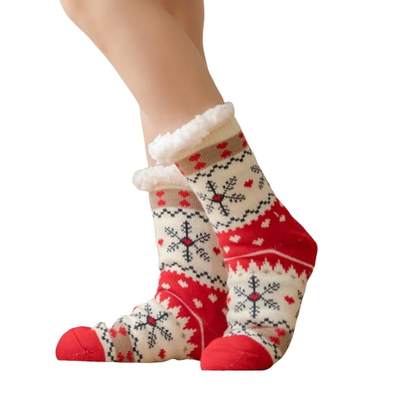 Christmas Non Slip Floor Socks Warm Indoor plush Lined Slipper Socks Winter Cozy Home Socks Fuzzy Striped Crew Socks Women Girls Holiday Gift