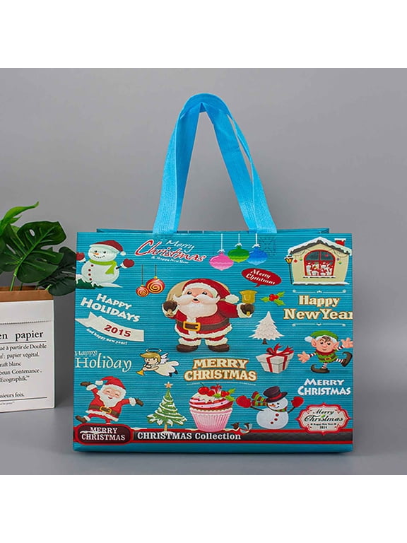 Christmas Non-Woven Tote Bag with Gold Foil Print, Laminated Waterproof Reusable Gift Shopping Bag with Handle, Large Stand-Up Eco Grocery Bag for Xmas Party Present Candy Cookie Toy Packaging