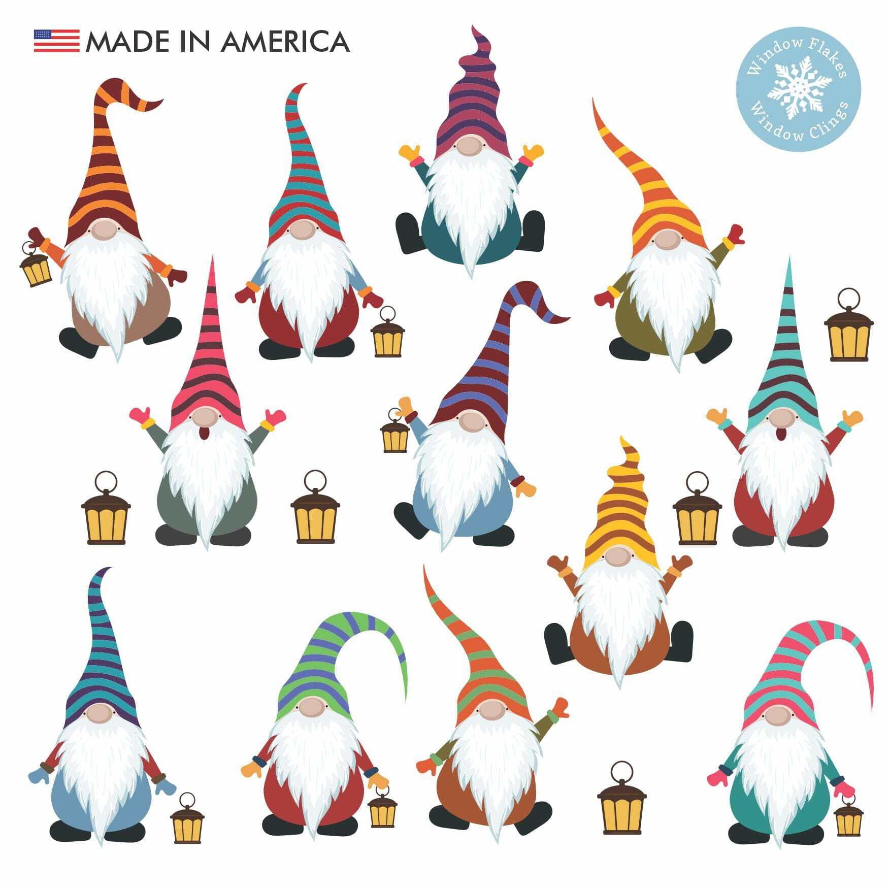 Window Flakes Christmas Window Clings, 6 Holiday Decals, Large Color Nordic Elf Christmas Decorations, Reusable, Double Sided Vinyl. Made in America.