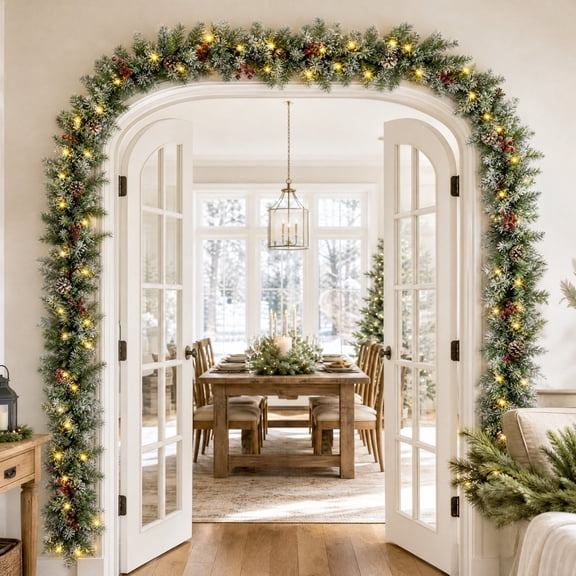 Christmas Norfolk Lighted Garland, Pre Lit Artificial Pine With Red Berries Frosted Tips Pinecones, Battery Operated LED for Mantel Fireplace Wall, Indoor Outdoor Winter Holiday Decorations, Green