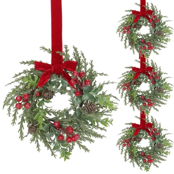 ENVEN Norfolk Mixed Foliage 4PCS Small Wreaths for Kitchen Cabinet Window 11.8 inches Glitter Leaves Hanging Wreath with Ribbon Bows Red Berry for Door Fireplaces Wall Party Xmas Decorations