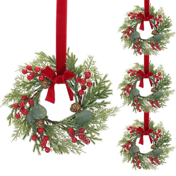ENVEN Christmas PE Norfolk Pine 4PCS Small Wreaths for Kitchen Cabinet Window 11.8 inches Snowflakes Leaf Mini Hanging Wreath with Ribbon Bows Red Berry for Door Fireplaces Wall Party Decorations