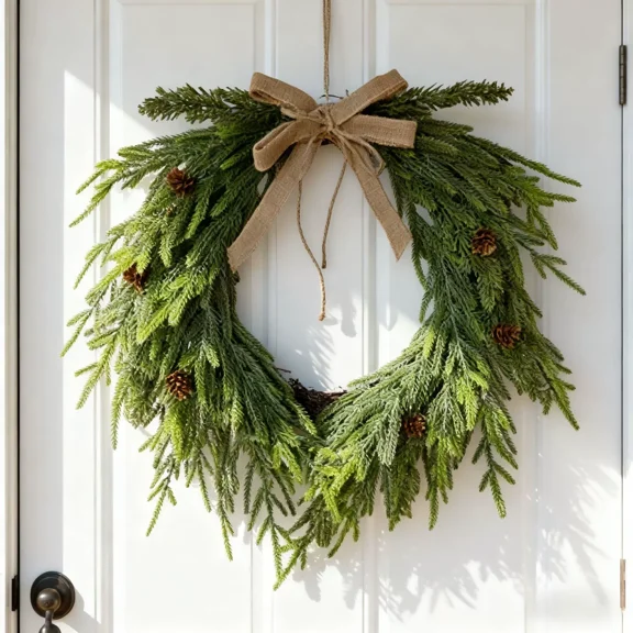 Christmas Norfolk Pine Front Door Wreaths, 20" Bows Christmas Decorations Greenery Garlands, Pine Cones Norfolk Pine Flowers Garlands Christmas Ornaments, Christmas Door Wreaths for Home Decorations