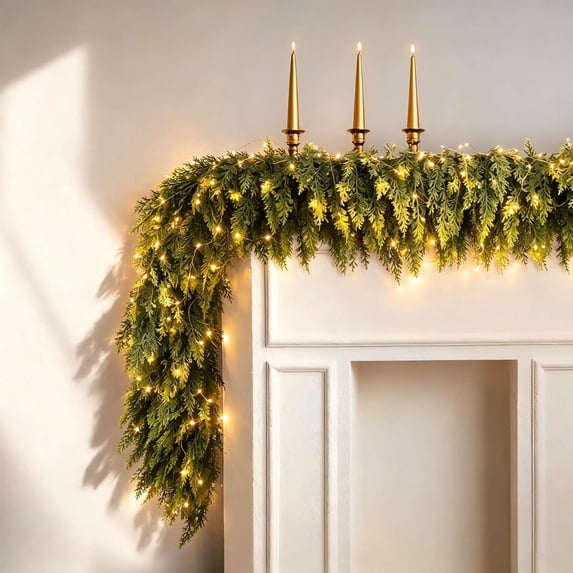 Christmas Norfolk Pine Garland - 4FT Real Touch Pine Artificial Garlands with LED Light - Faux Greenery Garland - Winter Christmas Decorations Garland for Table Mantle Fireplace Indoor Outdoor
