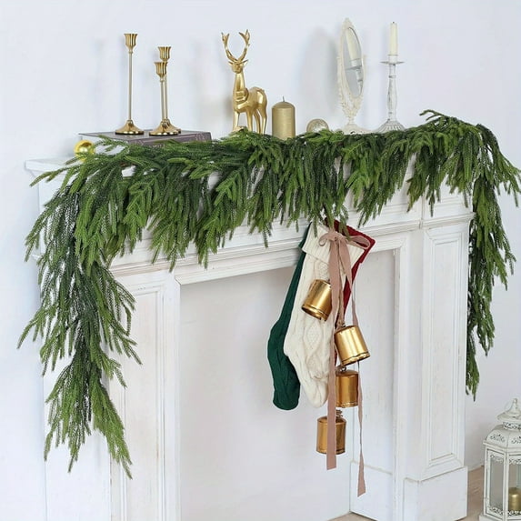 Christmas Norfolk Pine Garland 5.91ft Artificial Pine Needles Green Garland Artificial Greenery Garland Real Touch Winter Pine Garland For Christmas Party Fireplace Table Home Decoration
