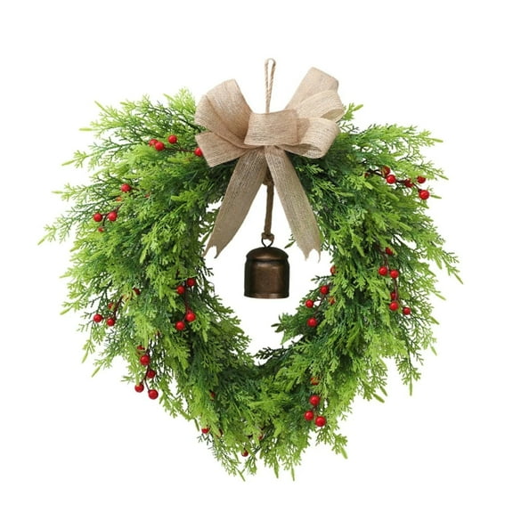 Christmas Norfolk Pine Wreath 18.9 Inches, Xmas Winter Heart Wreath with Burlap Bow Red Berries Vintage Bell, Farmhouse Rustic Holiday Wreath for Front Door Window Indoor Outdoor Decor