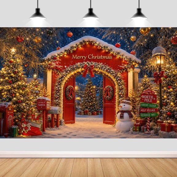 Christmas North Pole Arch Photo Backdrop Xmas Snowman Party Background 5X3ft Vinyl Fabric Christmas Trees Gift Boxes Winter Forest Wooden Barn Door Photography Backdrop Holiday Decor Photo Props