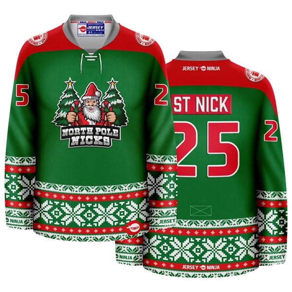 Jersey Ninja Christmas North Pole Nicks Green Holiday Hockey Jersey, Adult Unisex, Size: XL