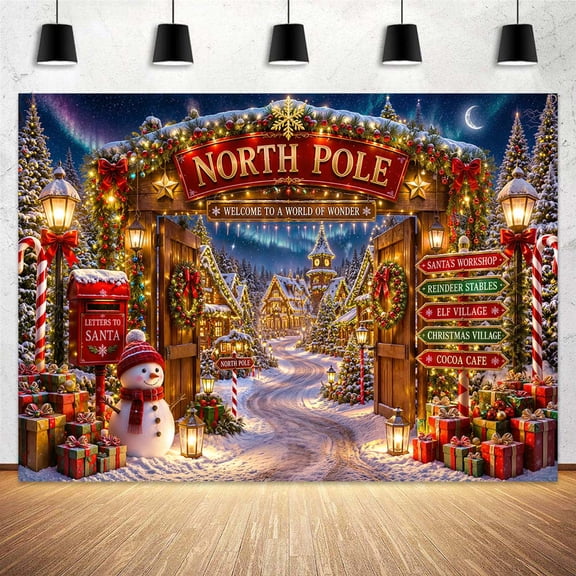 Christmas North Pole Village Backdrop Barn Door Winter Santa Town Forest Background Holiday New Year Family Party Outdoor Indoor Wall Window Yard Decor, 10x8ft