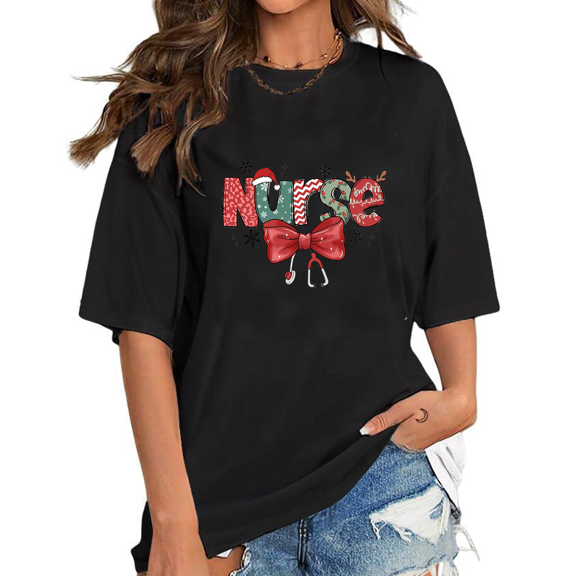 Christmas Nurse Print Tshirts Xmas Nursing Life Graphic Tees Nurse Crew Casual Shirts Short Sleeve Cotton Tops for Holiday Black,5XL