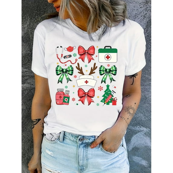 Christmas Nurse Themed T-Shirt with Bow and Gift Graphics - Casual Cotton Knit Fabric Crew Neck Tee with Medium Stretch, Geometric-pattern Design, Summer Wear