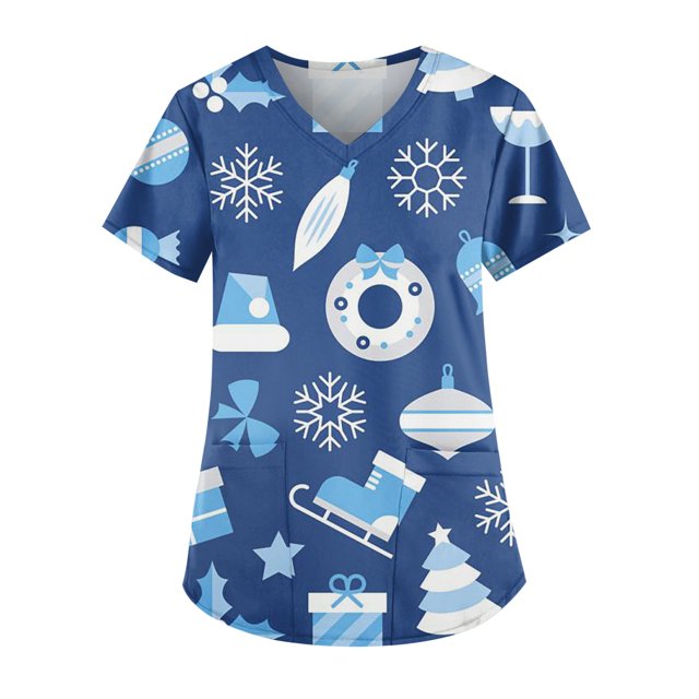 Christmas Nurse Uniforms for Women Snowflake Print Xmas Shirts Short
