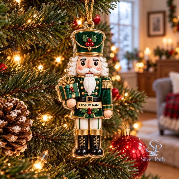 Christmas Nutcracker Acrylic Ornament, Emerald Green Holly Tree Hanging Gift