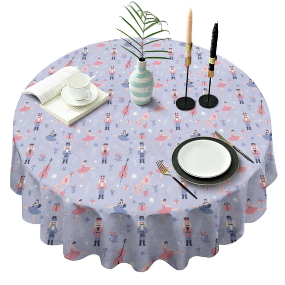 Christmas Nutcracker Ballerina Music Light Purple Pattern Round Tablecloth, Fits 60-Inch Table, Stain & Wrinkle Resistant, Washable Polyester, Kitchen, Wedding, Party